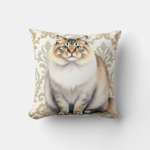 Coussin Art de motif damas à l'aquarelle de chat persan