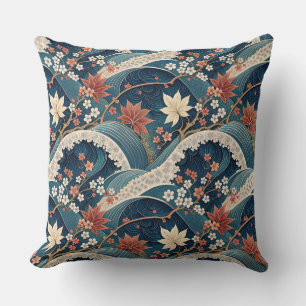 Coussin Art de motif floral de vague japonaise et de ceris
