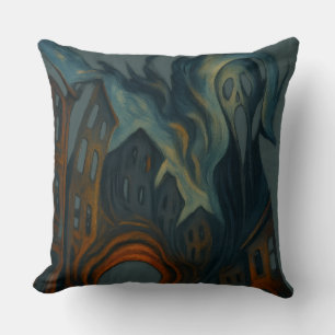 Coussin Art de paysage urbain sombre surréaliste avec figu