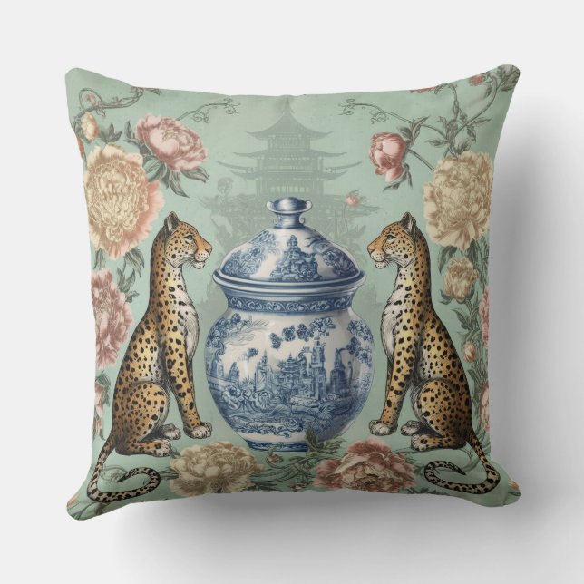 Coussin Art de pot à gingembre léopard en chinoiserie (Verso)