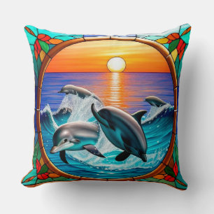 Coussin Art de verre coloré avec des dauphins bondissant a