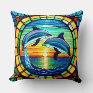 Coussin Art de verre coloré avec des dauphins bondissant a