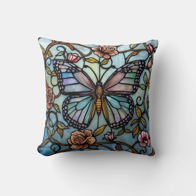 Coussin art de vitrail papillon bleu vintage  (Recto)