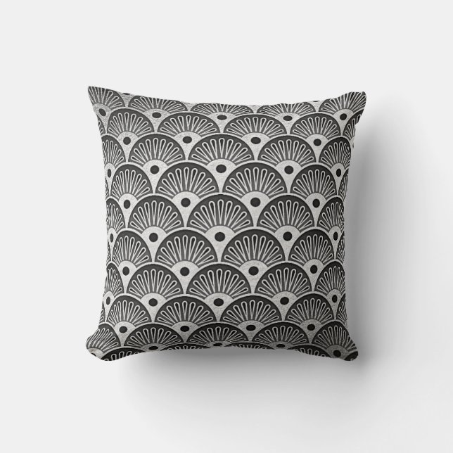 Coussin Art Déco Argent Noir Blanc Coquillages (Recto)