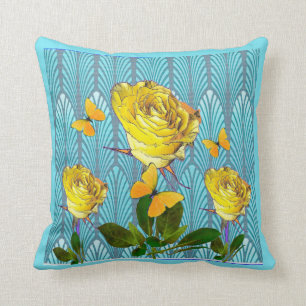 COUSSIN ART DÉCO BLEU ET PAPILLONS DE ROSES JAUNES