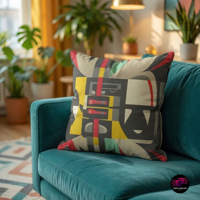Coussin Art déco rencontre le style moderne du milieu du X (Mid-Century Modern color meets bold Art Deco geometry in one striking accent pillow.)