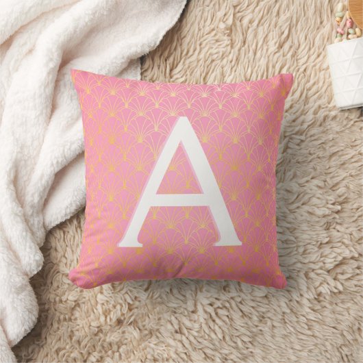 Coussin Art déco rose et or Monogramme Accent initial (Couverture)