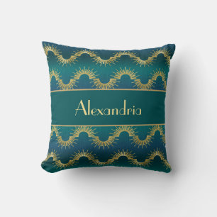 Coussin Art Déco Soleil Radieux Personnalisé Teal & Or Nom
