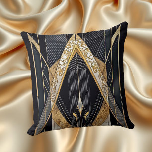 Coussin Art Déco Vieux or Noir dentelle géométrique Design