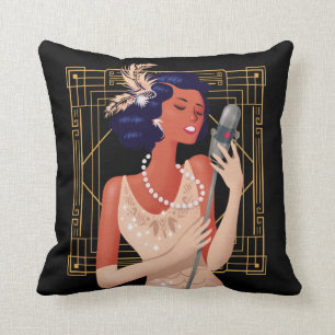 Coussin Art Déco Vintage 1920 Girl Singer Cadre Noir