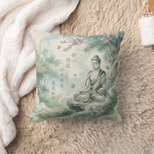 Coussin Art d'encre de bambou Bouddha méditant