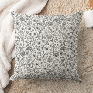 Coussin Art d'encre de fleur sauvage dessinée à la main de