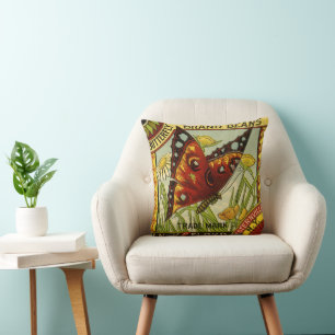 Coussin Art d'étiquette de légume vintage, haricots de mar