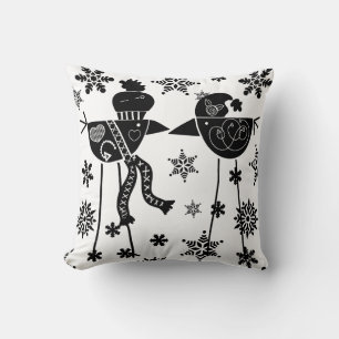 Coussin Art d'oiseaux d'hiver nordiques et flocons de neig