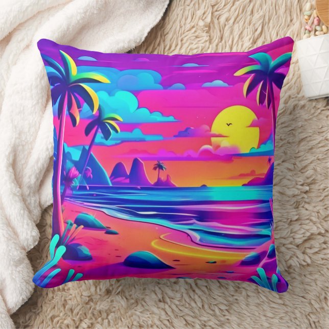 Coussin Art du coucher de soleil sur la plage de Neon (Couverture)