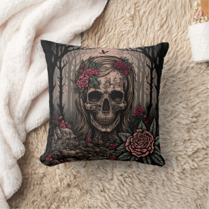 Coussin Art du crâne avec des roses, design d'art sombre
