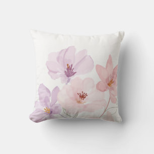 Coussin Art floral aquarelle doux – Rose pastel et laven