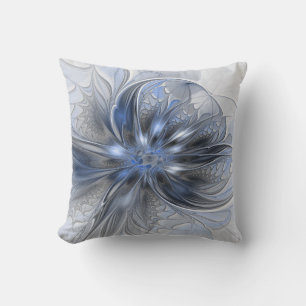 Coussin Art floral fractal abstrait aquarelle gris bleu