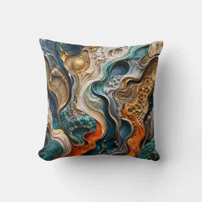 Coussin Art fluide 3D abstrait sarcelle et orange de luxe (Recto)
