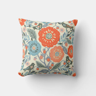 Coussin Art Folk Oiseaux Et Fraise Design