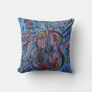 Coussin Art folklorique abstrait guitare bleue totalement
