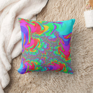 Coussin Art fractal arc-en-ciel néon vibrant rétro défoncé