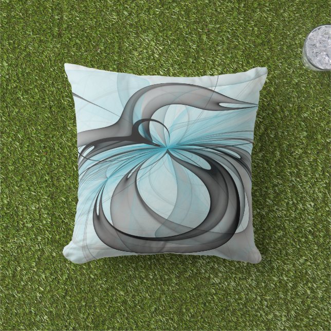 Coussin Art fractal moderne gris anthracite abstrait bleu (Herbe)