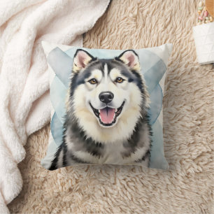 Coussin Art géométrique aquarelle de chien Malamute d'Alas