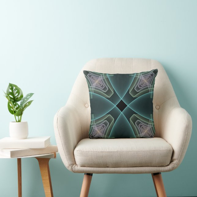 Coussin Art graphique géométrique fractal sarcelle moderne (Chaise)