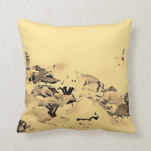 Coussin Art japonais d'aquarelle de village