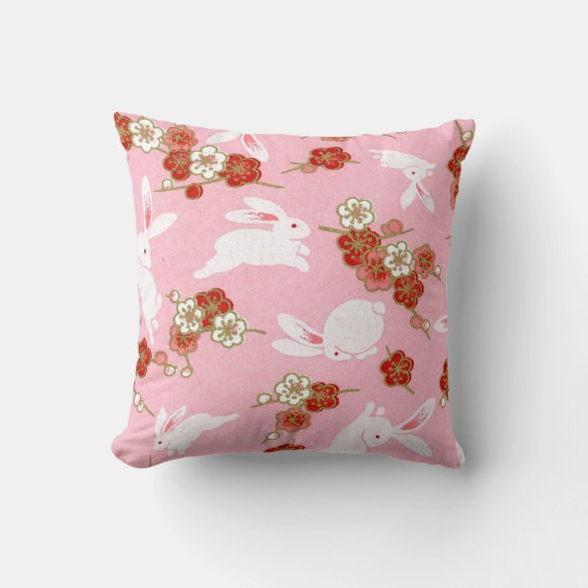 Coussin Art japonais : Sakuras et lapins roses Jeter l'ore (Recto)