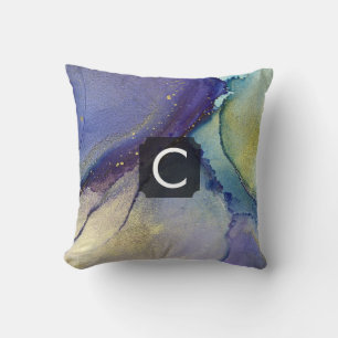 Coussin Art Liquide Abstrait Multicolore & Or, Monogramme