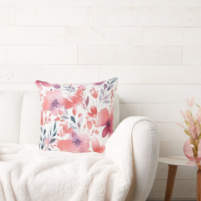 Coussin Art moderne Turquoise, Corail, Plum Floral (Canapé)