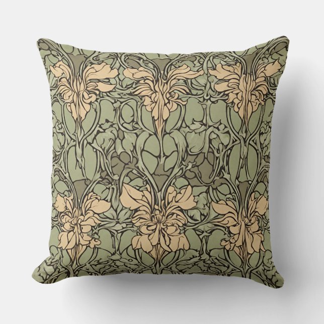 Coussin Art Nouveau Floral Damask Vert, Beige Abstrait (Recto)