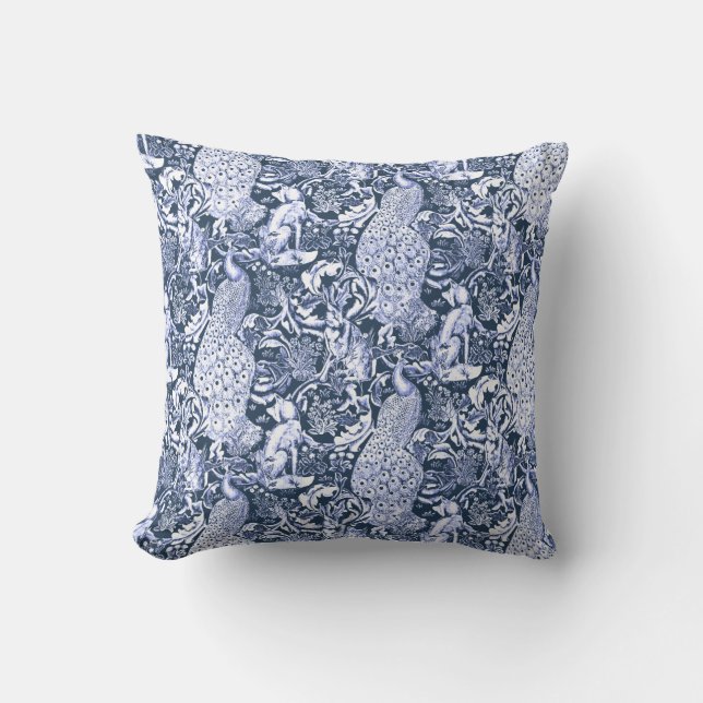 Coussin Art Nouveau Peacock Print, Navy et White (Recto)