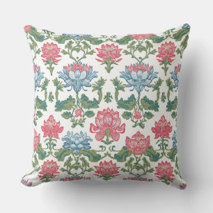 Coussin Art nouveau rose et vert Chinoiserie Lotus Flora