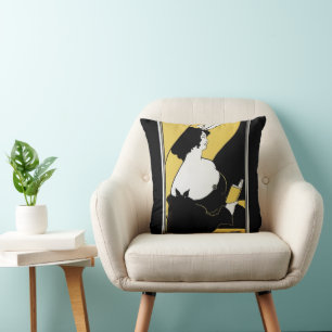 Coussin Art Nouveau vintage, femme lisant un livre jaune