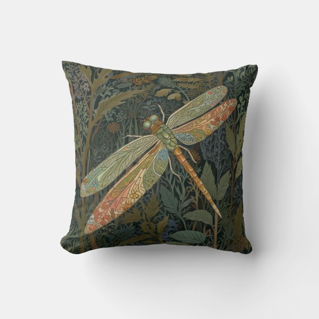 Coussin Art nouveau vintage libellule vert or (Recto)