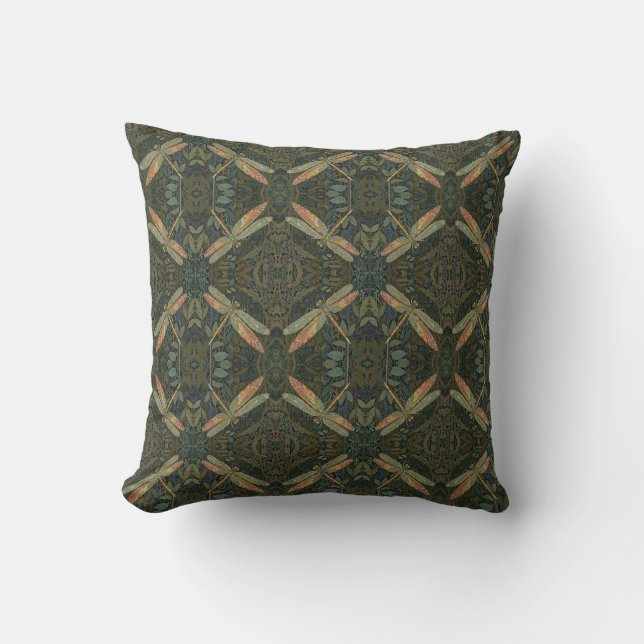 Coussin Art nouveau vintage libellule vert or (Recto)