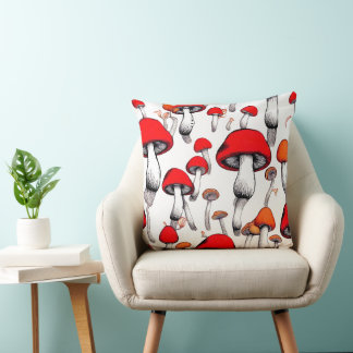 COUSSIN ART NUMÉRIQUE DE CHAMPIGNONS ROUGE BLANC