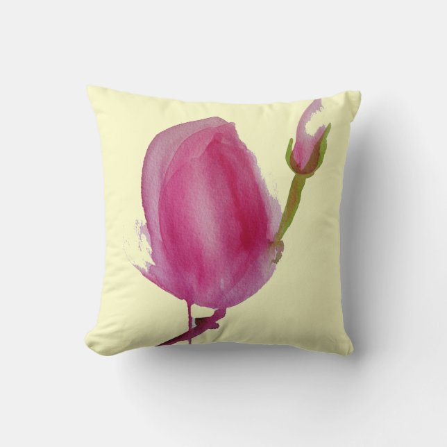Coussin Art original de la fleur d'aquarelle rose Magnolia (Recto)