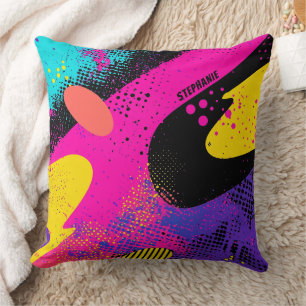 Coussin Art Pop Abstrait Néon Rétro Rose Cyan