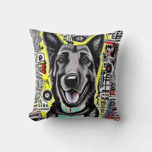 Coussin Art Pop berger allemand avec GSD, bleu rouge jaune