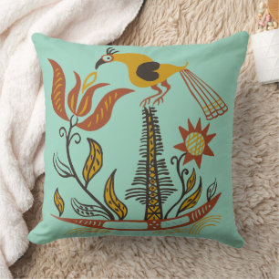 Coussin Art populaire américain vintage Tulipe Oiseau Coul