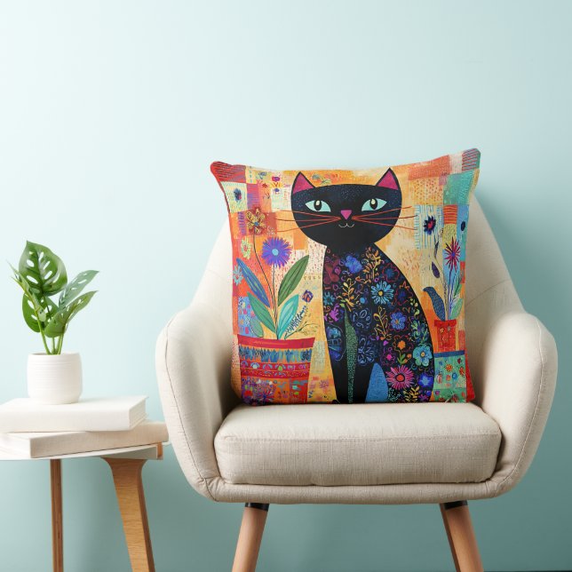 Coussin Art populaire de chat noir (plantes en pot) (Chaise)