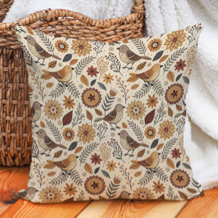 Coussin Art populaire de la forêt d'oiseaux, automne chaud