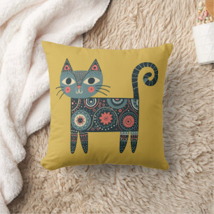 Coussin Art populaire fantaisiste rétro boho chat moutarde