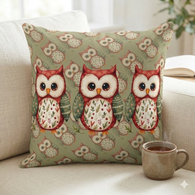 Coussin Art populaire Patchwork Chouette Cottagecore (Folk Art Patchwork Owl Cottagecore Trio Throw Pillow Mockup A)