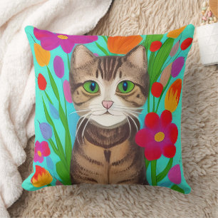 Coussin Art populaire Style Whimsical Chat et Fleurs