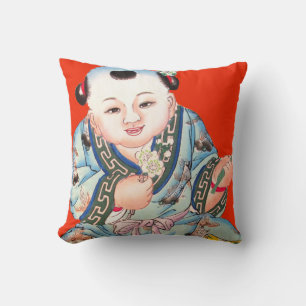 Coussin Art riant rouge chinois mignon d'Asiatique de